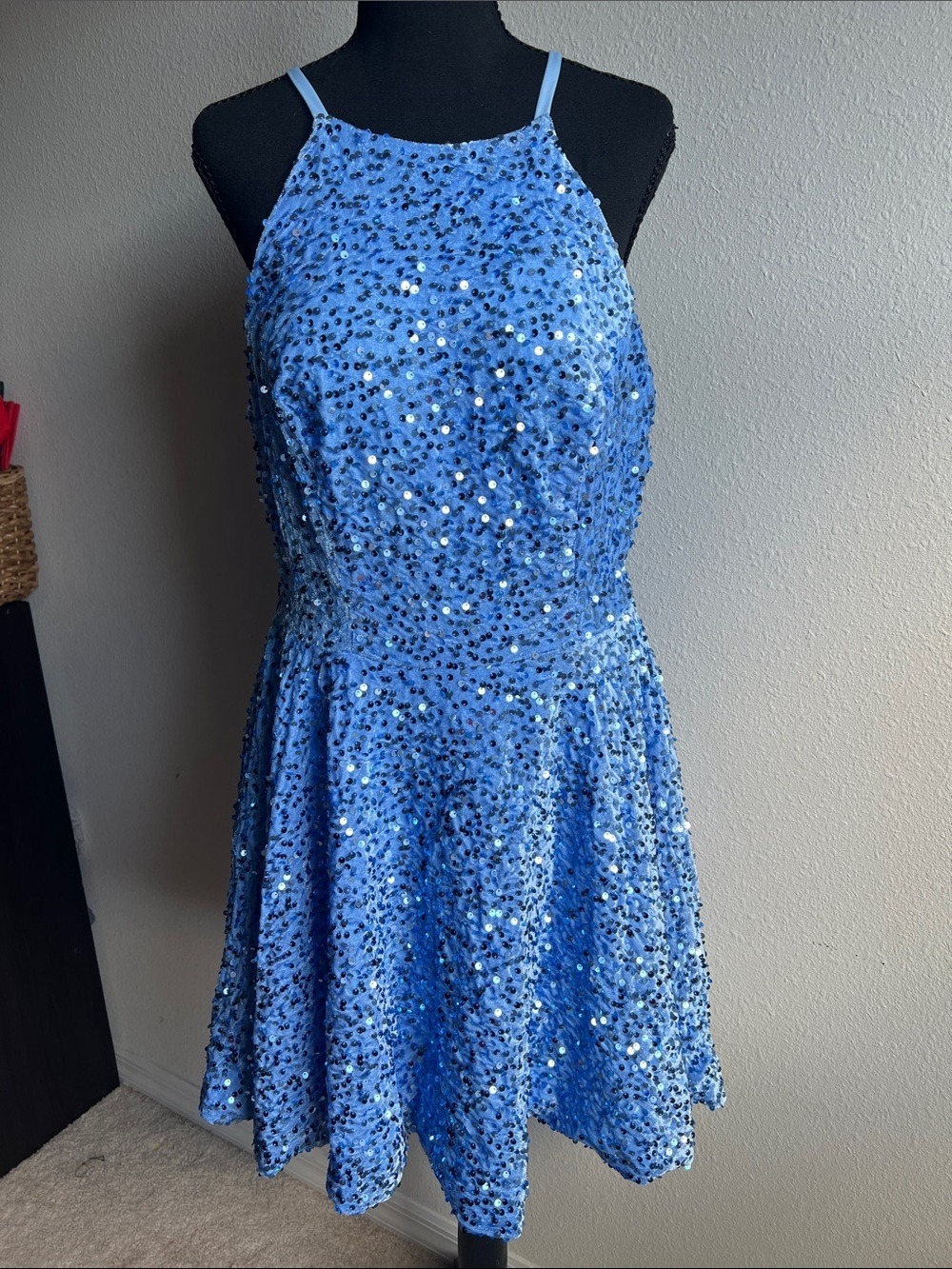 Sparkling Light Blue Sequin Halter Dress Bachelorette Party Prom Homecoming
